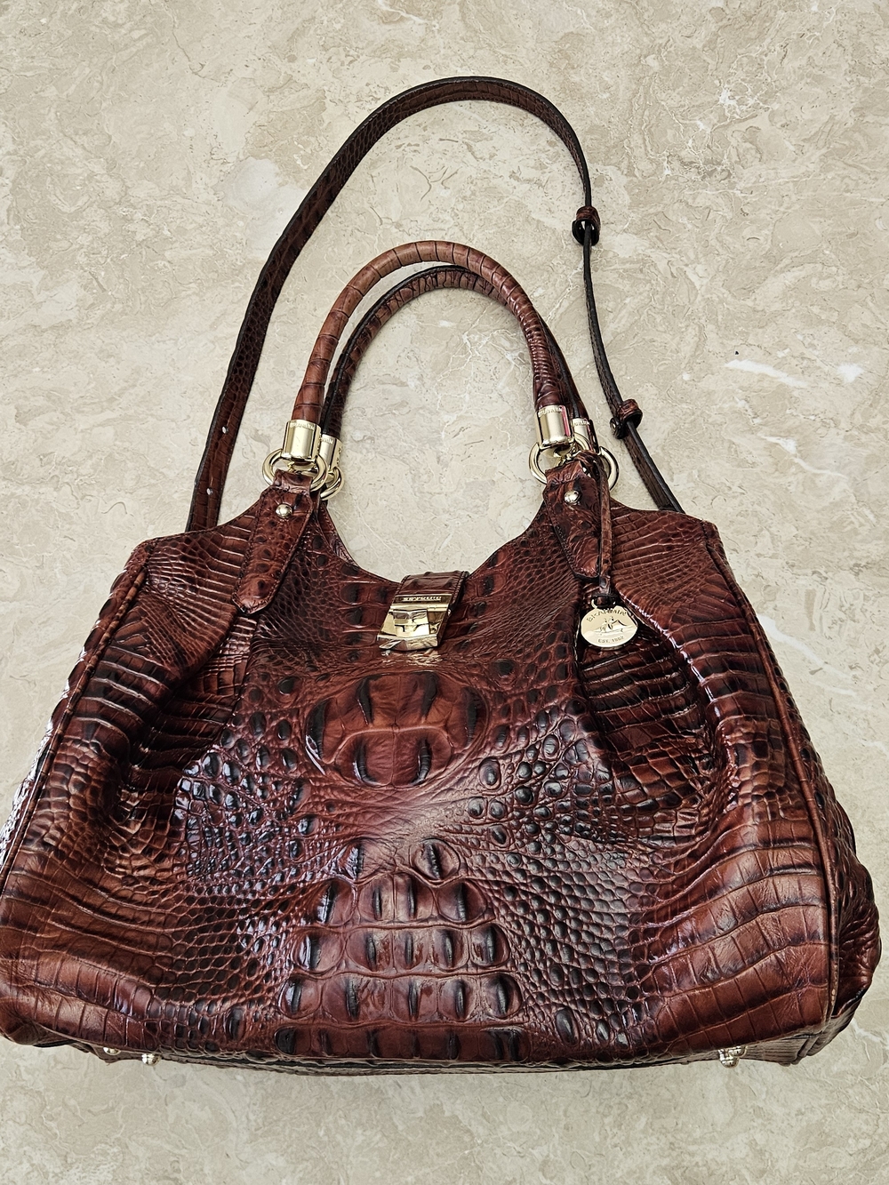 Brahmin Celia Pecan Melbourne Leather Satchel Croc Embossed Bag